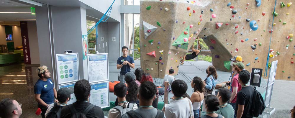 Students climb the rock wall inside of the BRIC