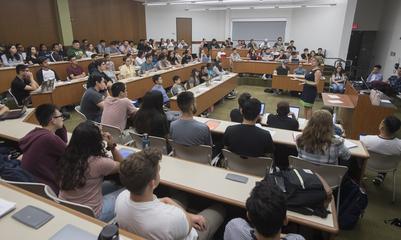 classroom with students and a professor